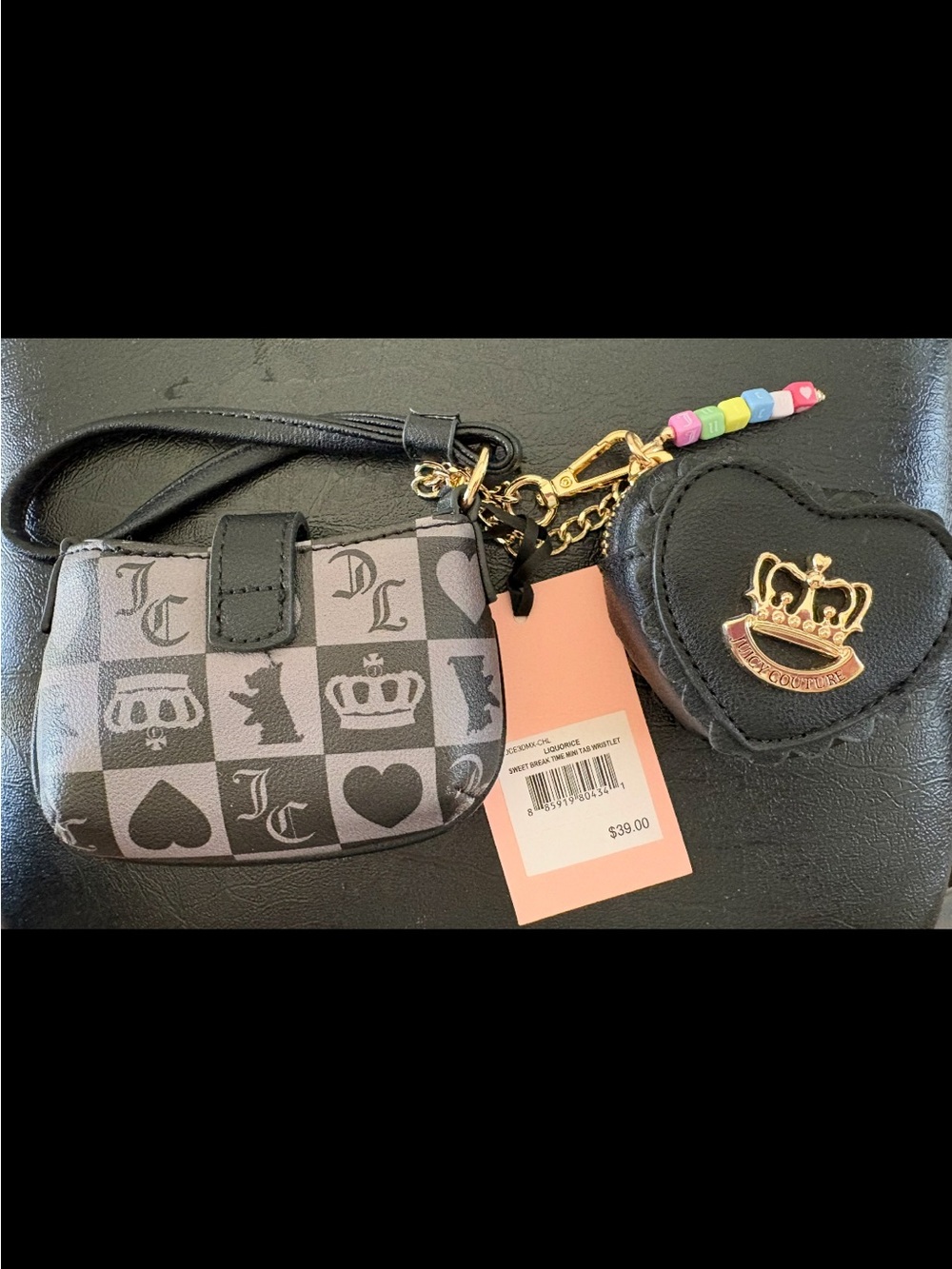 Juicy Couture Black & Gray Checker Wristlet with Heart Coin Pouch